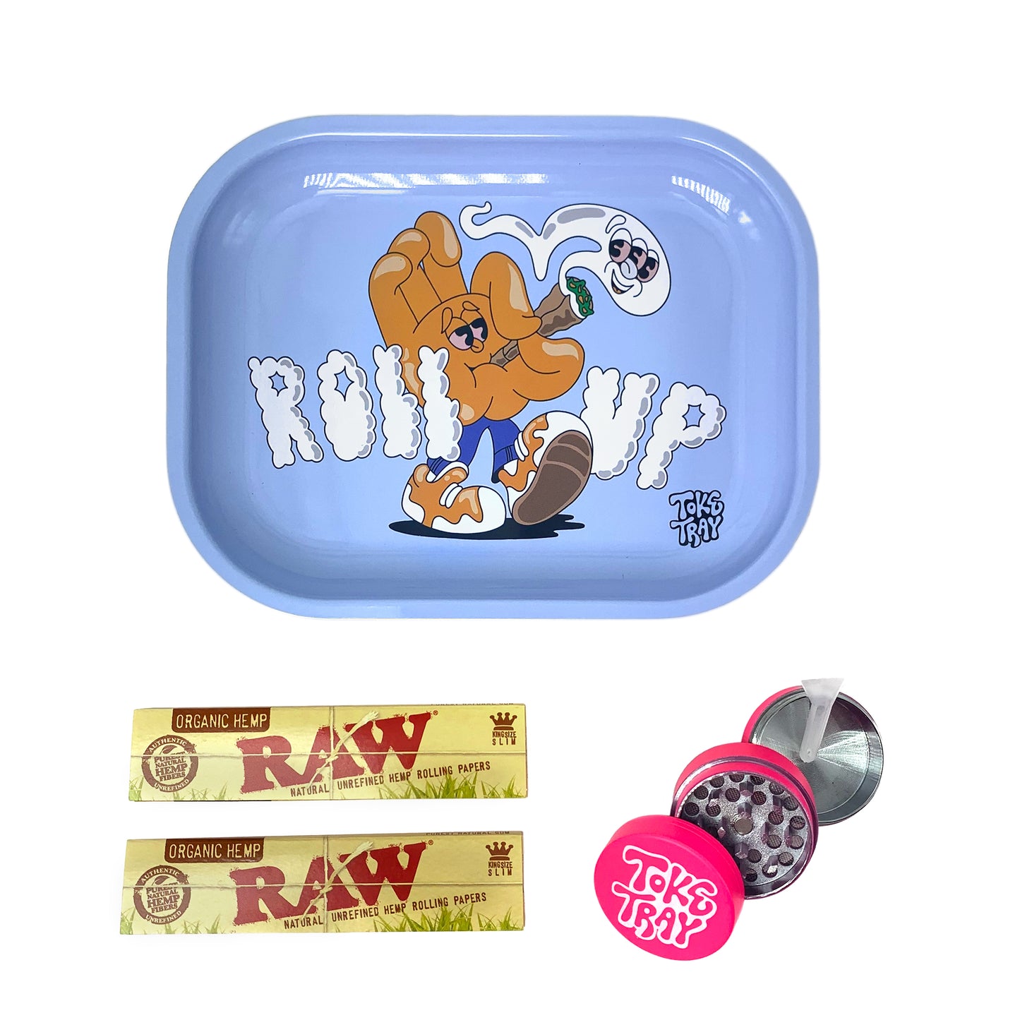Hand High Rolling Tray Set | With Pink Grinder and Raw Rolling Papers