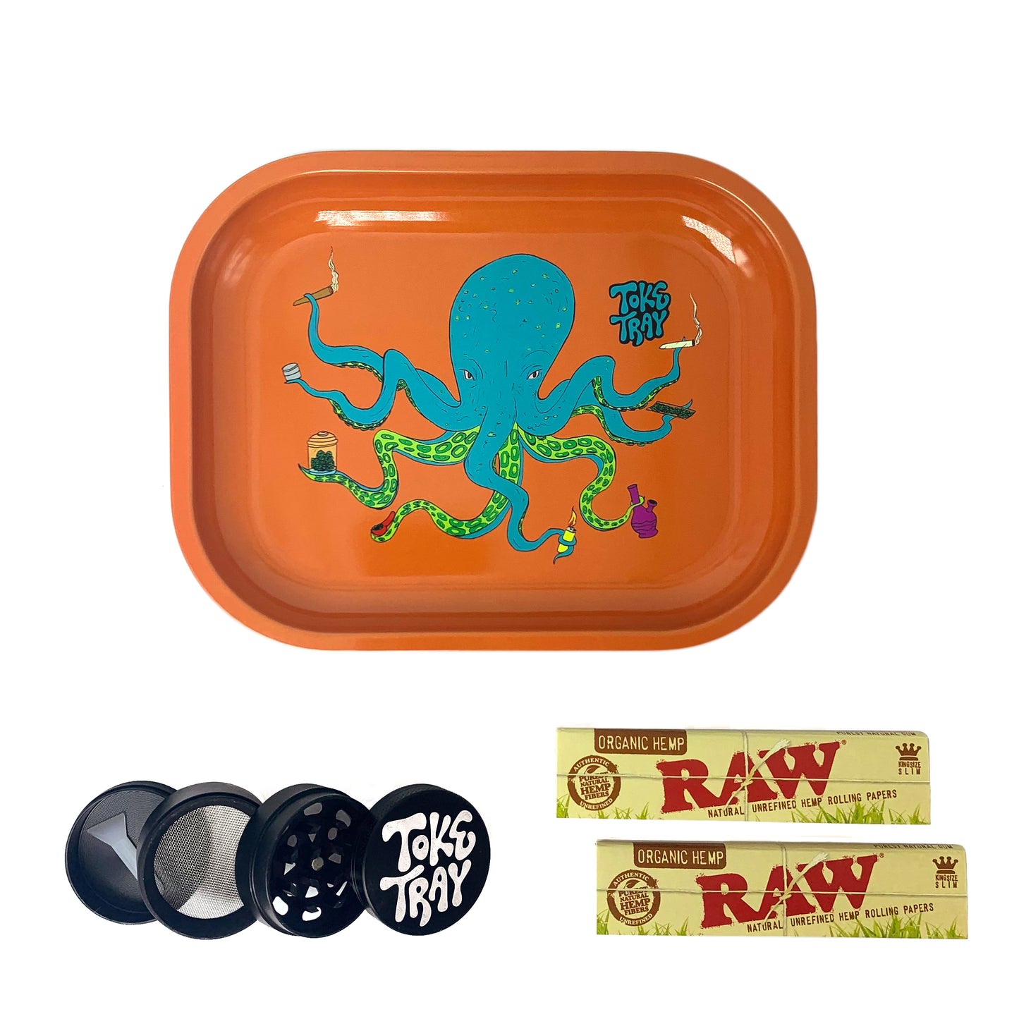 OctoKush Rolling Tray Set | With Grinder and Raw Rolling Papers