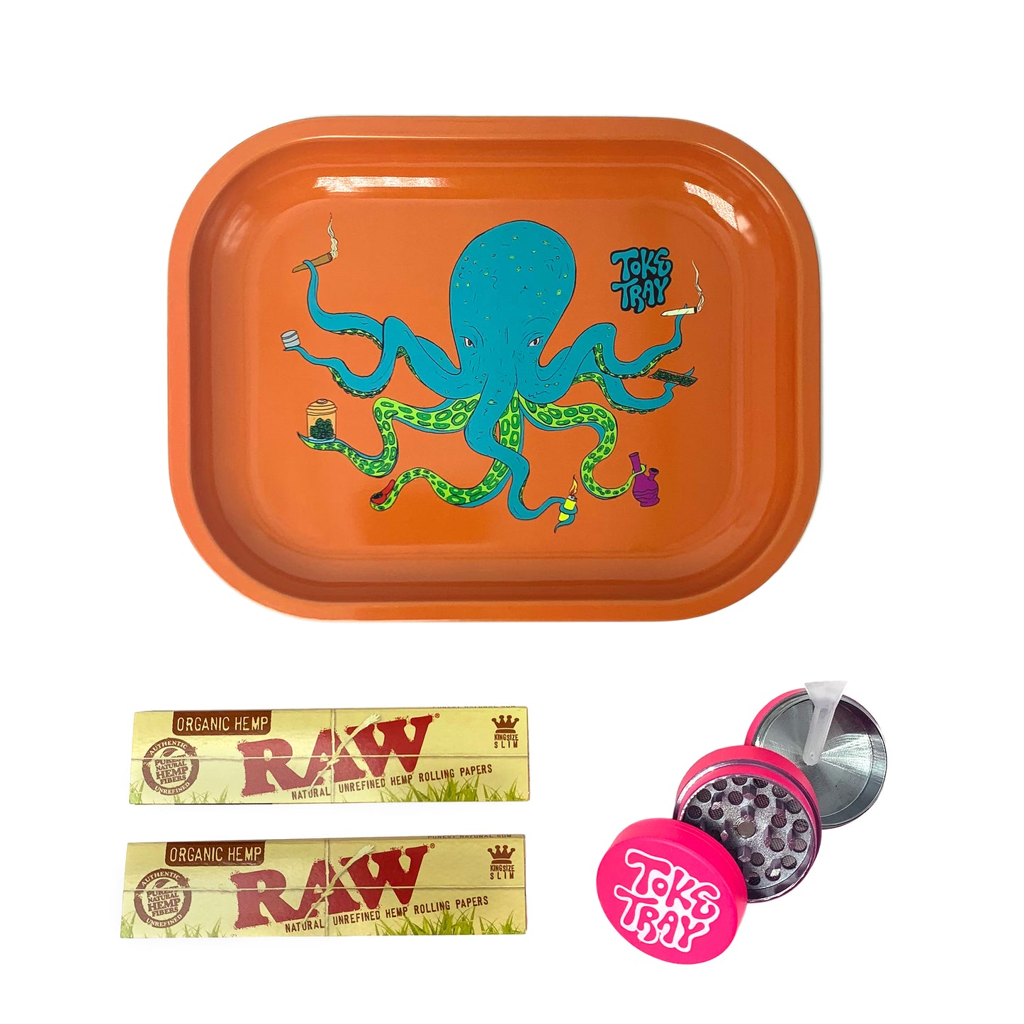 OctoKush Rolling Tray Set | With Pink Grinder and Raw Rolling Papers