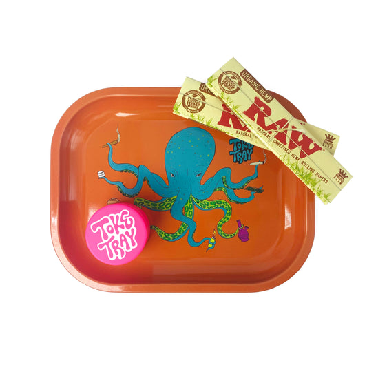 OctoKush Rolling Tray Set | With Pink Grinder and Raw Rolling Papers