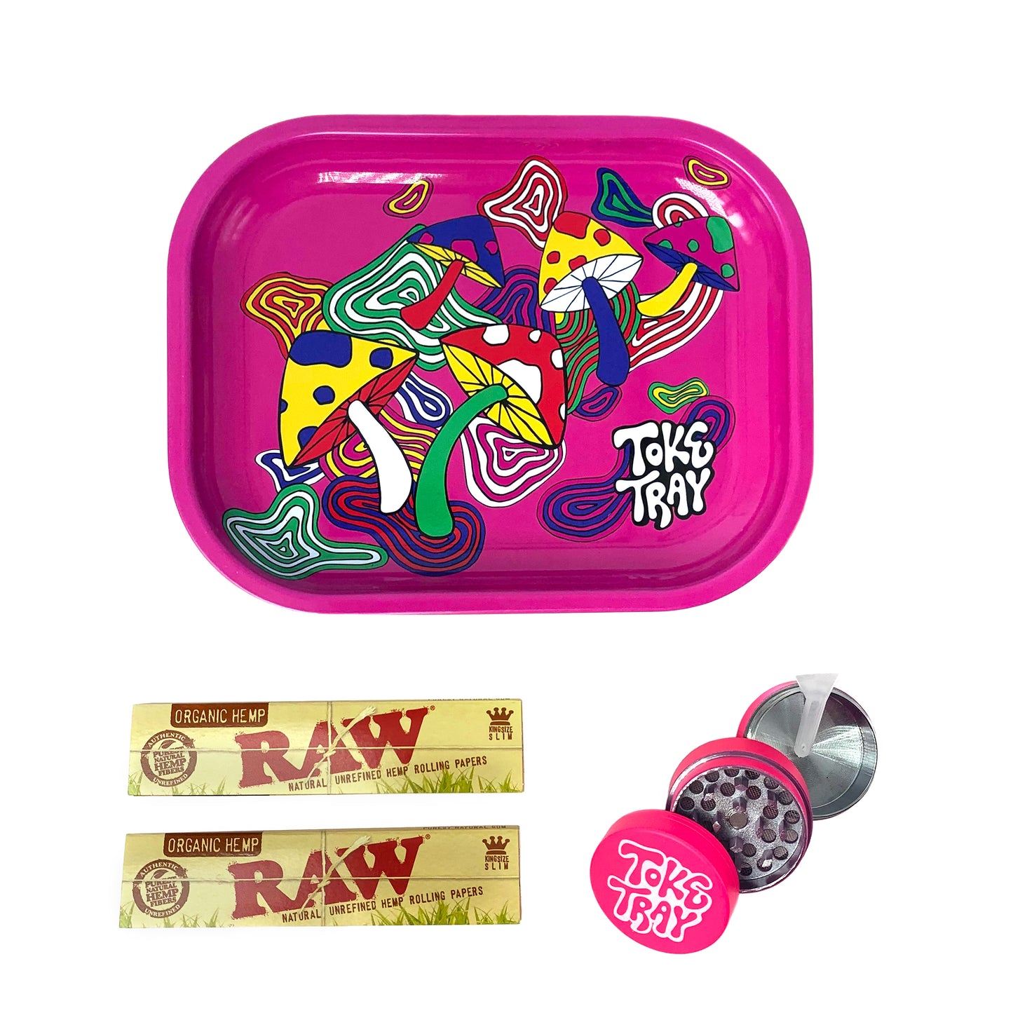 Pink Mushroom Rolling Tray Set | With Pink Grinder and Raw Rolling Papers