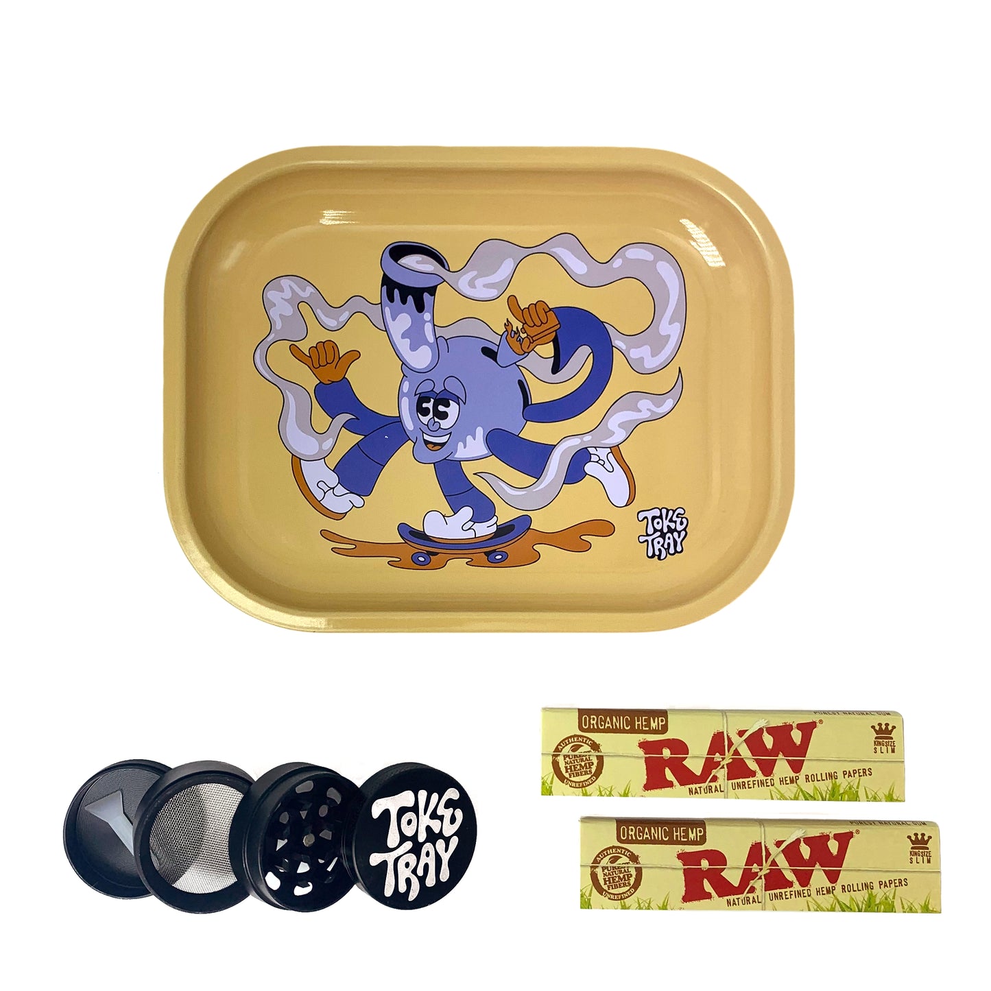Skateboard Smoke Rolling Tray Set | With Grinder and Raw Rolling Papers