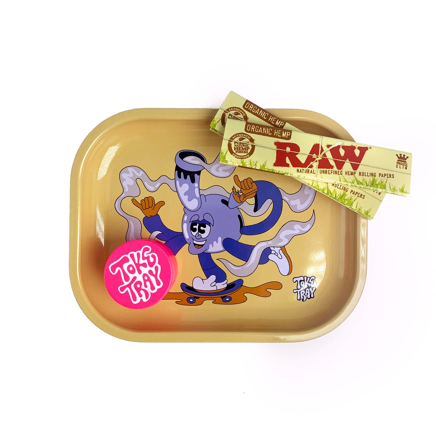 Skateboard Smoke Rolling Tray Set | With Pink Grinder and Raw Rolling Papers