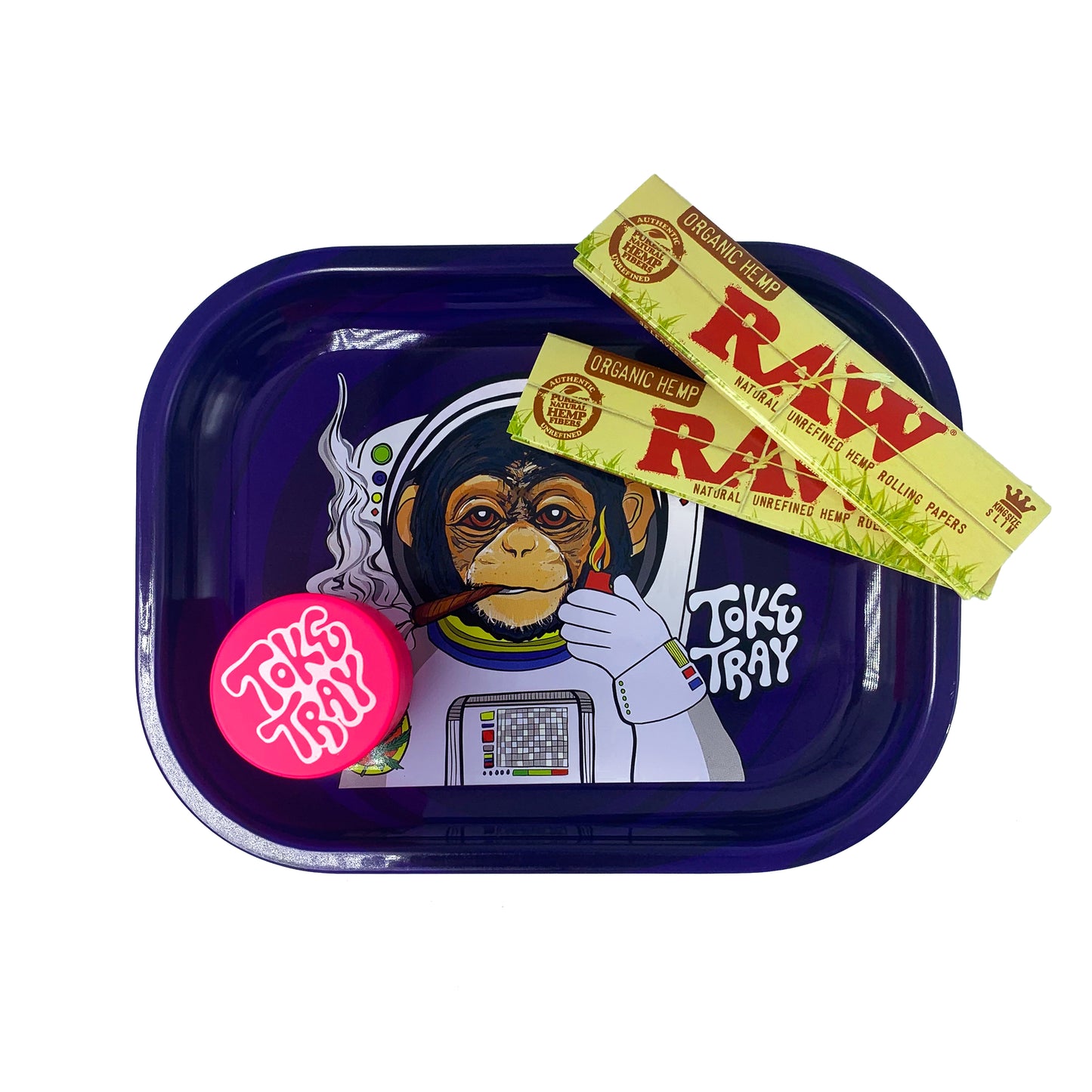 Space Monkey Rolling Tray Set | With Pink Grinder and Raw Rolling Papers