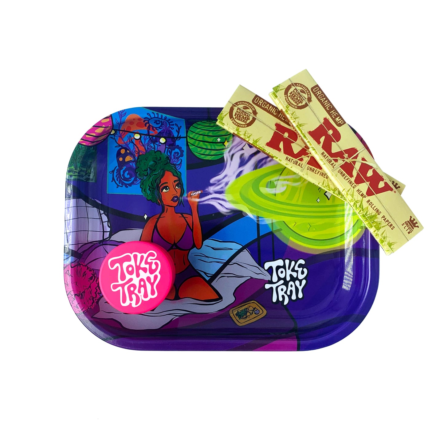 Trippy Nights Rolling Tray Set | With Pink Grinder and Raw Rolling Papers