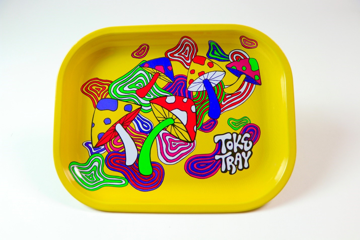 Trippy yellow psychedelic mushroom rolling tray.