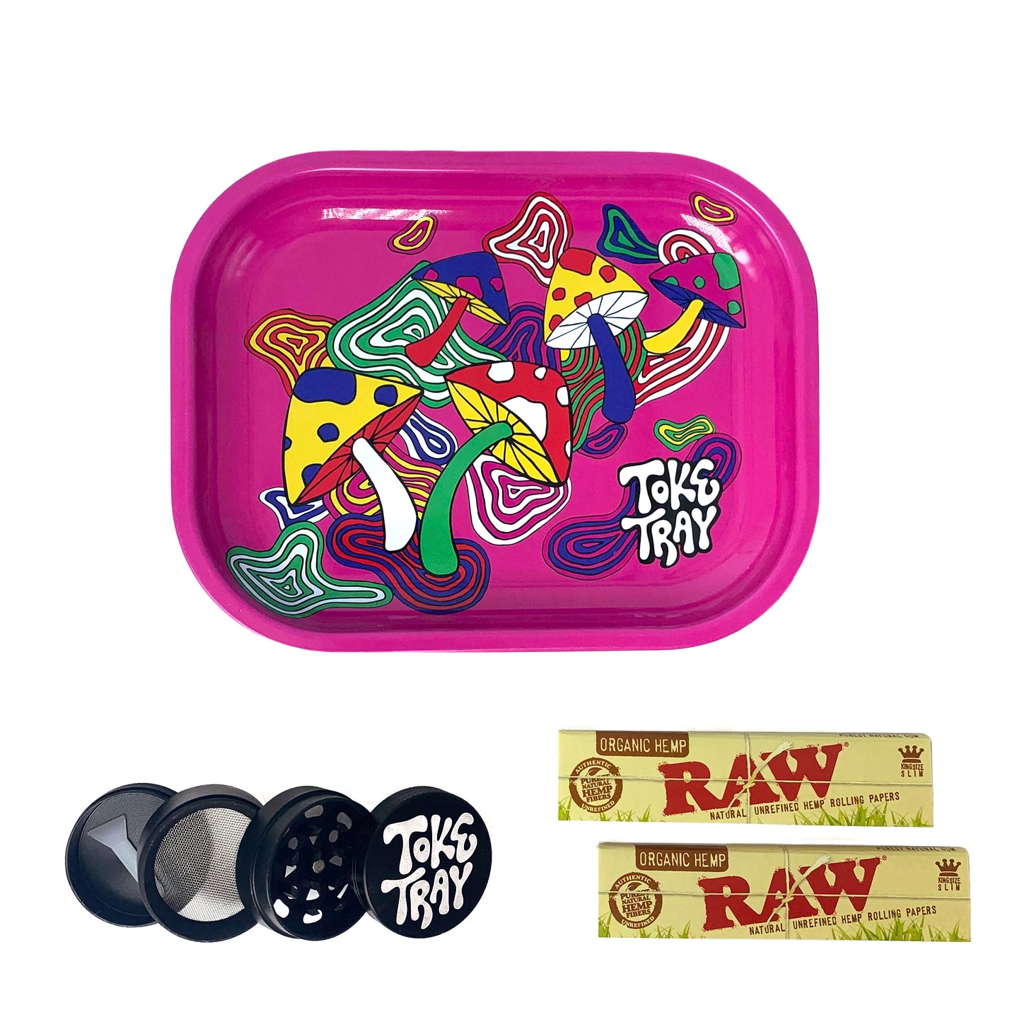 Pink Mushroom Rolling Tray Set | With Grinder and Raw Rolling Papers