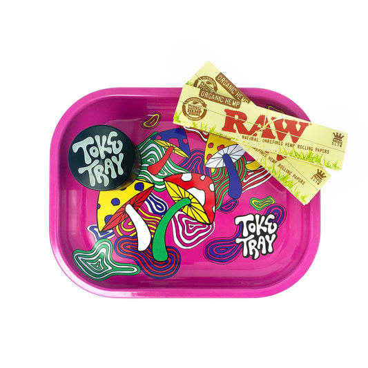 Pink Mushroom Rolling Tray Set | With Grinder and Raw Rolling Papers