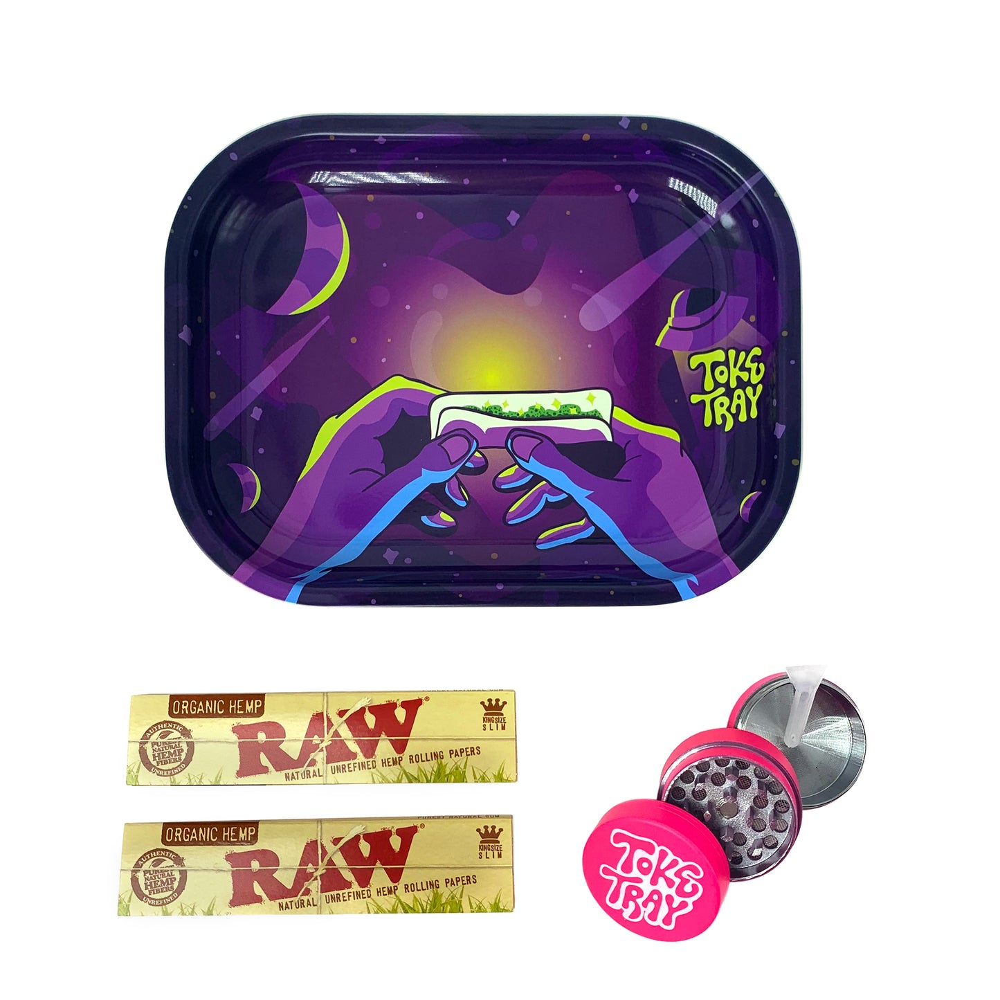 Purple Space Rolling Tray Set | With Pink Grinder and Raw Rolling Papers