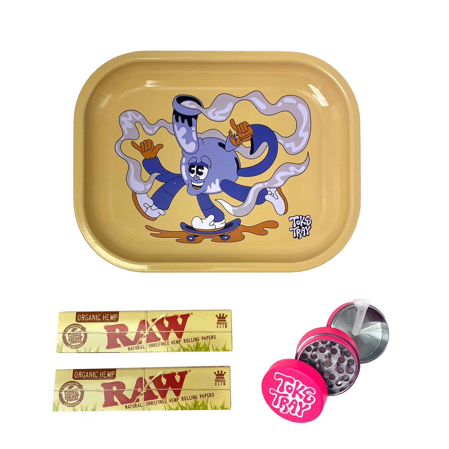 Skateboard Smoke Rolling Tray Set | With Pink Grinder and Raw Rolling Papers