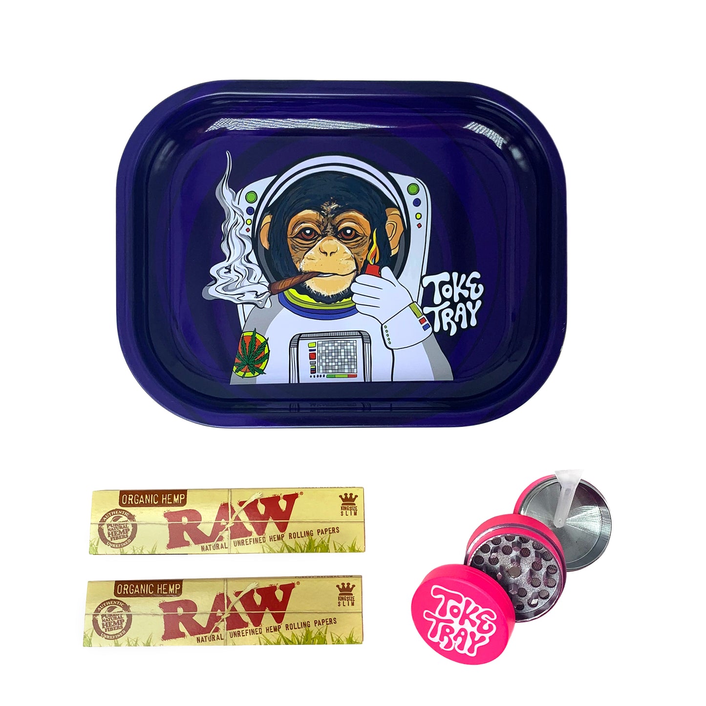 Space Monkey Rolling Tray Set | With Pink Grinder and Raw Rolling Papers