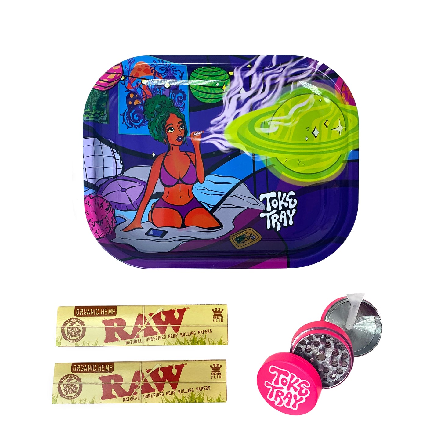 Trippy Nights Rolling Tray Set | With Pink Grinder and Raw Rolling Papers